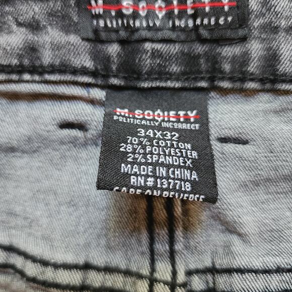 M Society Politically Incorrect Jeans Mens Size 34x32 Black Distressed Patched - Picture 11 of 12